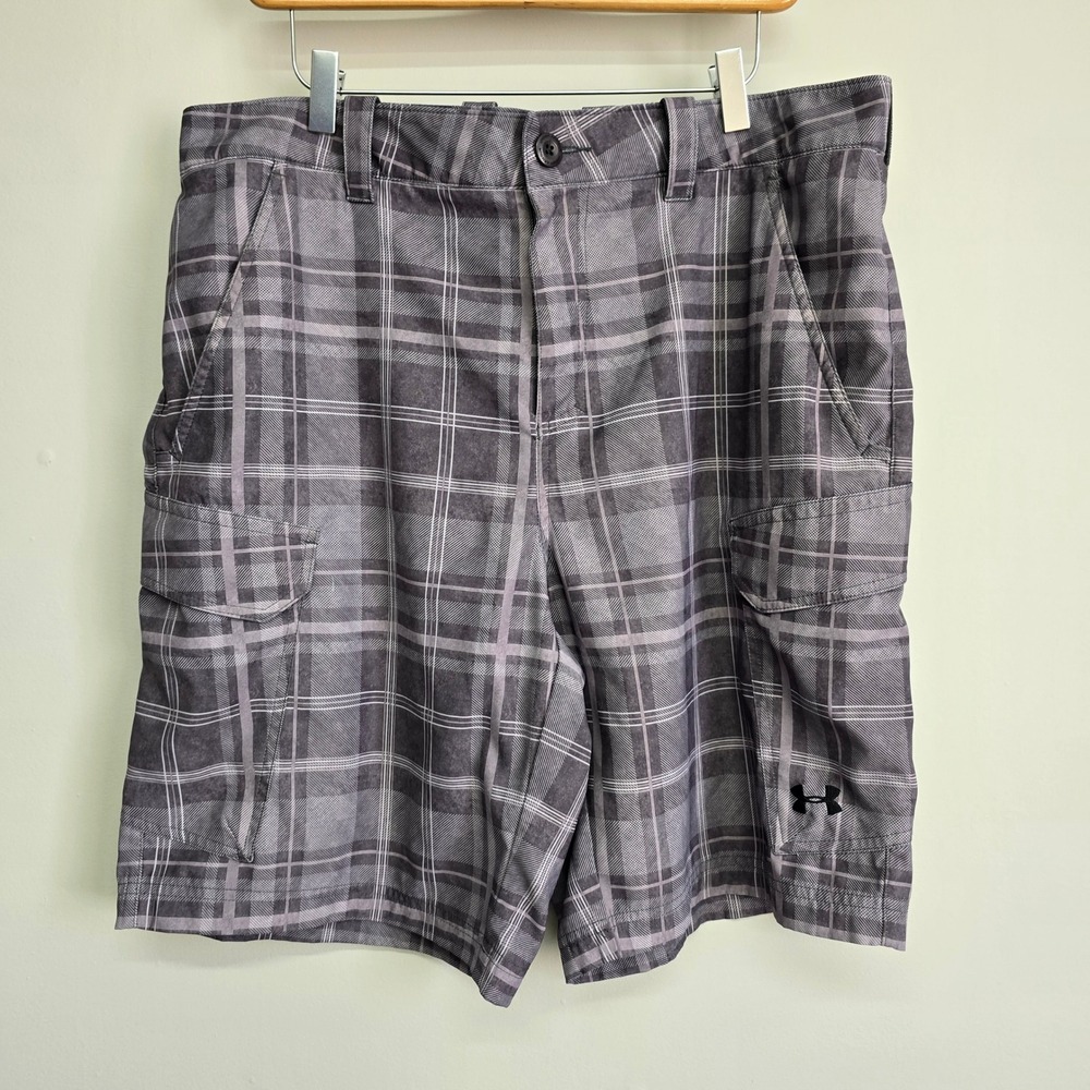 Under Armour Cargo Shorts Mens 36 Grey Plaid HeatGear‎ Fishing Utility Gorpcore